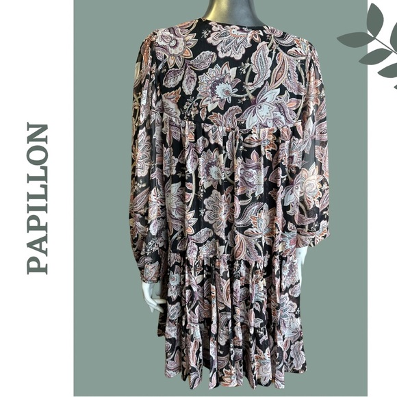 Papillon Paisley Lurex Georgette Tiered Dress Mini Long Sleeve Black Size XS - Picture 5 of 9